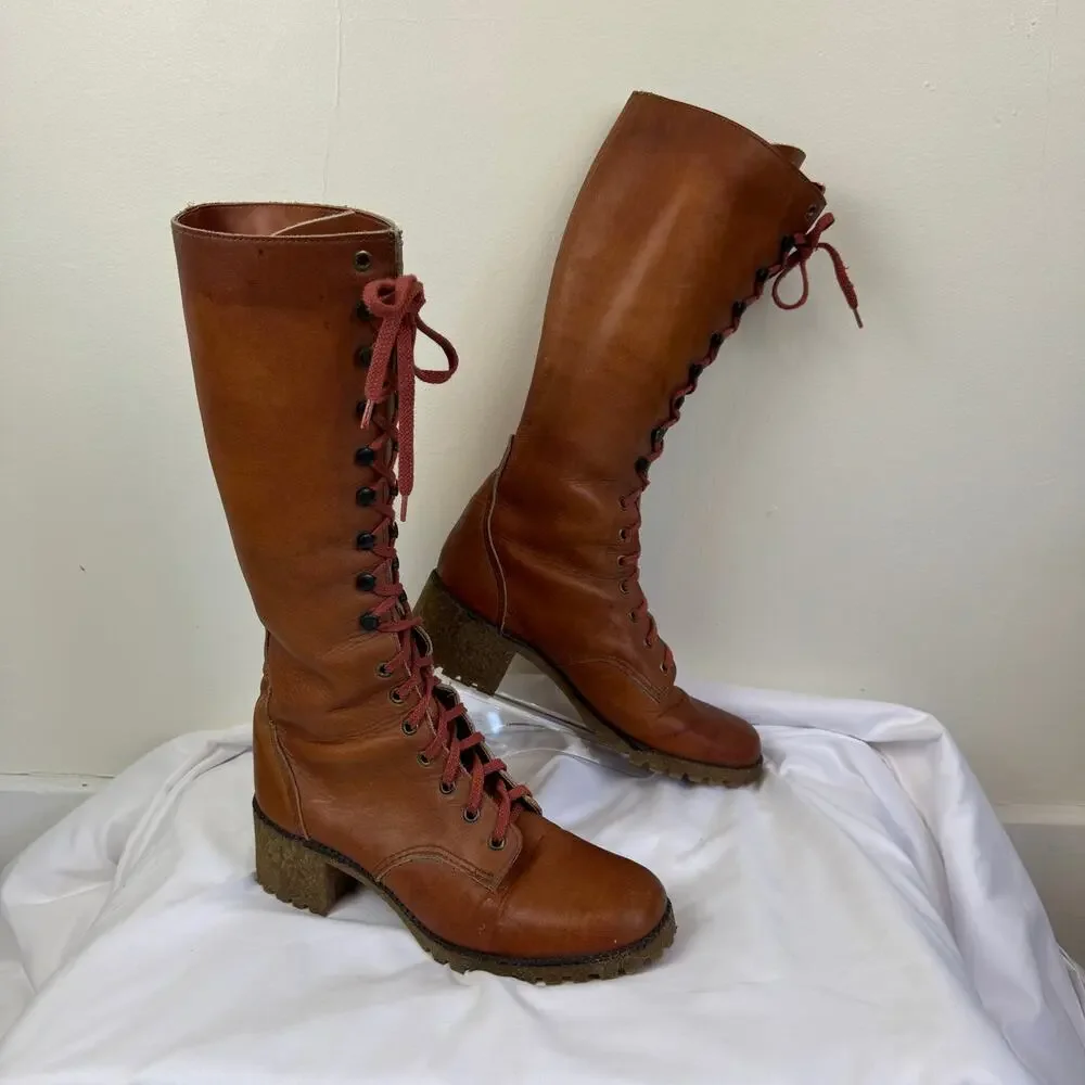 Vtg FRYE 60s 70s Women's 10 B Boots Brown Leather Lace Up Campus Stacked Heel - Picture 1 of 16